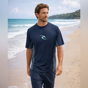 Rip Curl Navy Short-Sleeve Swim Rash Guard with Teal Logo